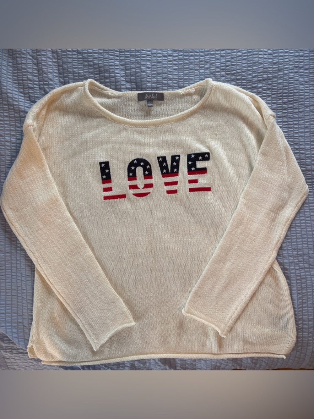 Marled Love Graphic Cream Sweater with Flag Accent